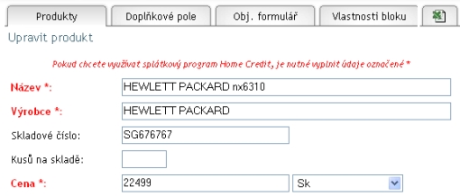 nákup na splátky Home Credit - nastavení administrace